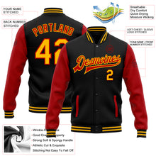 Load image into Gallery viewer, Custom Black Gold-Red Bomber Full-Snap Varsity Letterman Two Tone Jacket
