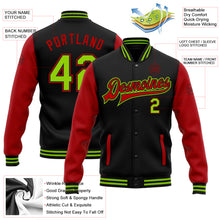 Load image into Gallery viewer, Custom Black Neon Green-Red Bomber Full-Snap Varsity Letterman Two Tone Jacket
