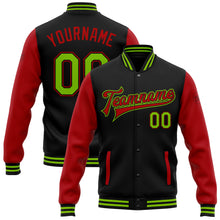 Load image into Gallery viewer, Custom Black Neon Green-Red Bomber Full-Snap Varsity Letterman Two Tone Jacket
