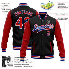 Load image into Gallery viewer, Custom Black Red-Royal Bomber Full-Snap Varsity Letterman Two Tone Jacket
