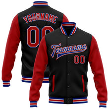 Load image into Gallery viewer, Custom Black Red-Royal Bomber Full-Snap Varsity Letterman Two Tone Jacket
