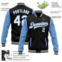Load image into Gallery viewer, Custom Black White-Light Blue Bomber Full-Snap Varsity Letterman Two Tone Jacket
