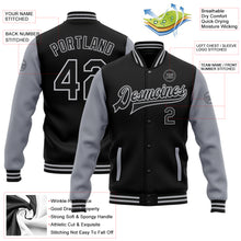 Load image into Gallery viewer, Custom Black Gray Bomber Full-Snap Varsity Letterman Two Tone Jacket
