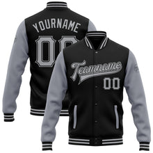 Load image into Gallery viewer, Custom Black Gray Bomber Full-Snap Varsity Letterman Two Tone Jacket
