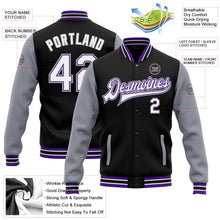 Load image into Gallery viewer, Custom Black White Purple-Gray Bomber Full-Snap Varsity Letterman Two Tone Jacket
