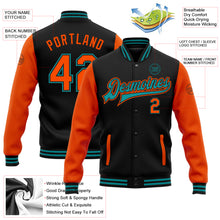 Load image into Gallery viewer, Custom Black Orange-Teal Bomber Full-Snap Varsity Letterman Two Tone Jacket
