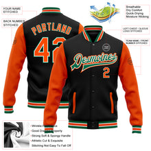 Load image into Gallery viewer, Custom Black Orange-Kelly Green Bomber Full-Snap Varsity Letterman Two Tone Jacket
