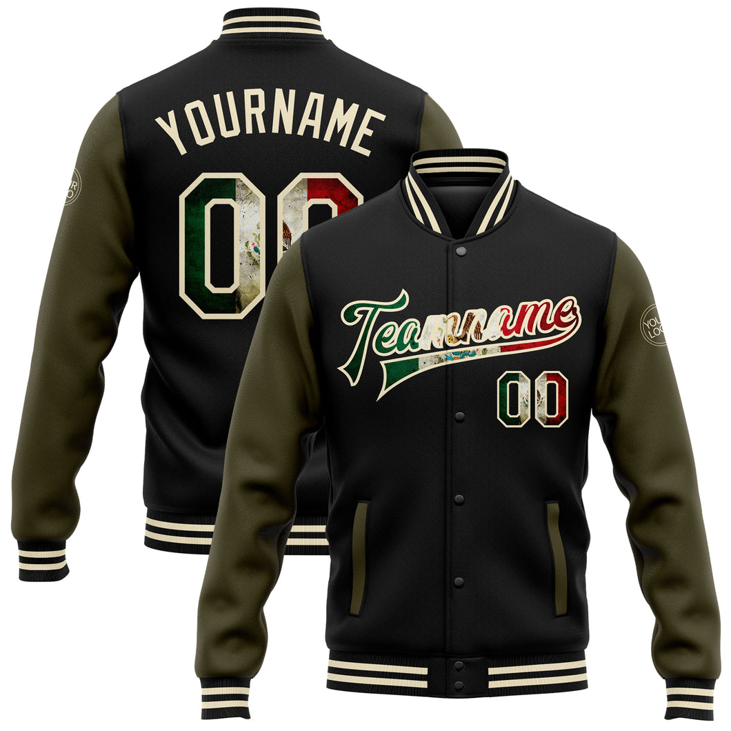 Custom Black Vintage Mexican Flag Cream-Olive Bomber Full-Snap Varsity Letterman Two Tone Jacket