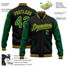 Load image into Gallery viewer, Custom Black Kelly Green-Gold Bomber Full-Snap Varsity Letterman Two Tone Jacket
