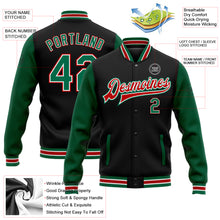 Load image into Gallery viewer, Custom Black Kelly Green-Red Bomber Full-Snap Varsity Letterman Two Tone Jacket
