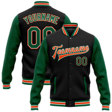 Load image into Gallery viewer, Custom Black Kelly Green-Orange Bomber Full-Snap Varsity Letterman Two Tone Jacket
