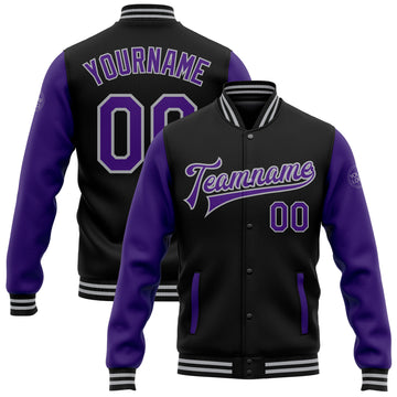 Custom Black Purple-Gray Bomber Full-Snap Varsity Letterman Two Tone Jacket