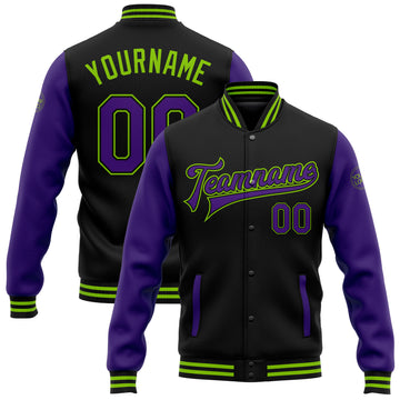 Custom Black Purple-Neon Green Bomber Full-Snap Varsity Letterman Two Tone Jacket