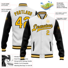 Load image into Gallery viewer, Custom White Gold-Black Bomber Full-Snap Varsity Letterman Two Tone Jacket
