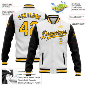 Custom White Gold-Black Bomber Full-Snap Varsity Letterman Two Tone Jacket