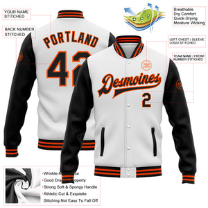 Custom White Black-Orange Bomber Full-Snap Varsity Letterman Two Tone Jacket