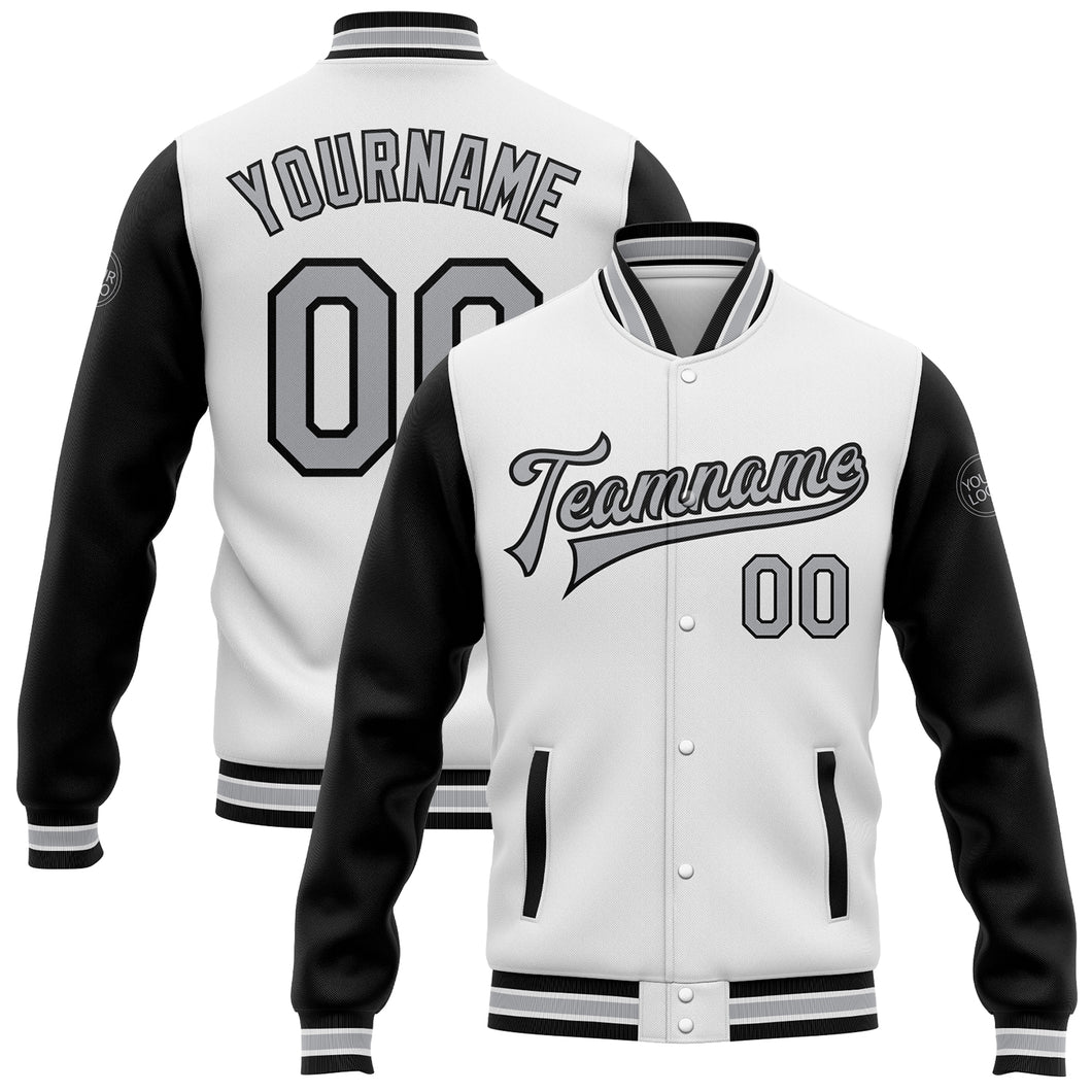 Custom White Gray-Black Bomber Full-Snap Varsity Letterman Two Tone Jacket