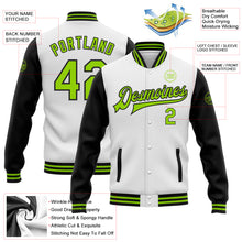 Load image into Gallery viewer, Custom White Neon Green-Black Bomber Full-Snap Varsity Letterman Two Tone Jacket

