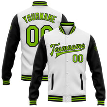 Load image into Gallery viewer, Custom White Neon Green-Black Bomber Full-Snap Varsity Letterman Two Tone Jacket
