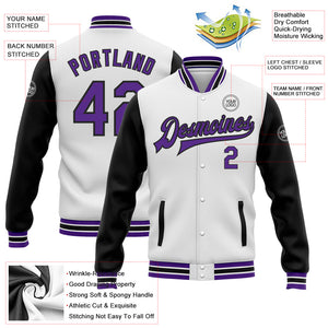 Custom White Purple-Black Bomber Full-Snap Varsity Letterman Two Tone Jacket