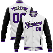 Load image into Gallery viewer, Custom White Purple-Black Bomber Full-Snap Varsity Letterman Two Tone Jacket
