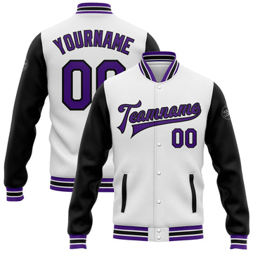 Custom White Purple-Black Bomber Full-Snap Varsity Letterman Two Tone Jacket