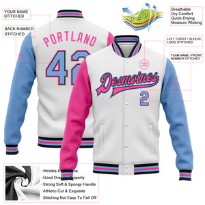 Custom White Light Blue Black-Pink Bomber Full-Snap Varsity Letterman Two Tone Jacket