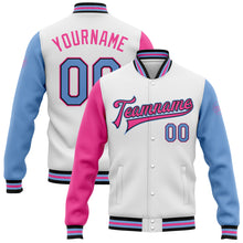 Load image into Gallery viewer, Custom White Light Blue Black-Pink Bomber Full-Snap Varsity Letterman Two Tone Jacket
