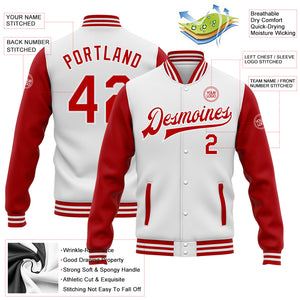 Custom White Red Bomber Full-Snap Varsity Letterman Two Tone Jacket