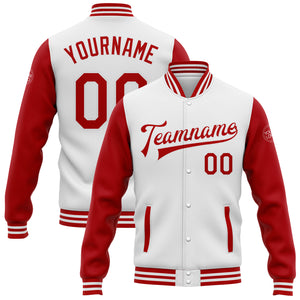 Custom White Red Bomber Full-Snap Varsity Letterman Two Tone Jacket