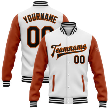 Custom White Black-Texas Orange Bomber Full-Snap Varsity Letterman Two Tone Jacket