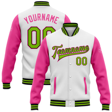 Custom White Neon Green Black-Pink Bomber Full-Snap Varsity Letterman Two Tone Jacket