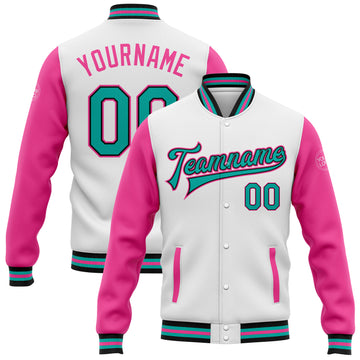 Custom White Aqua Black-Pink Bomber Full-Snap Varsity Letterman Two Tone Jacket