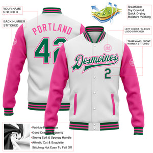 Custom White Kelly Green-Pink Bomber Full-Snap Varsity Letterman Two Tone Jacket