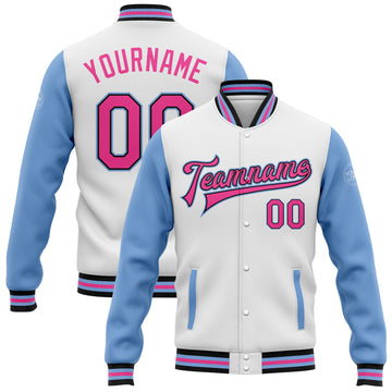 Custom White Pink Black-Light Blue Bomber Full-Snap Varsity Letterman Two Tone Jacket