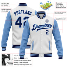 Load image into Gallery viewer, Custom White Navy-Light Blue Bomber Full-Snap Varsity Letterman Two Tone Jacket
