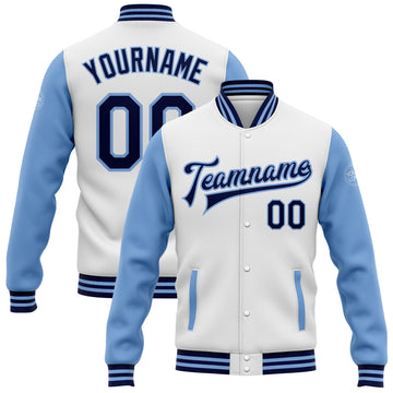 Custom White Navy-Light Blue Bomber Full-Snap Varsity Letterman Two Tone Jacket