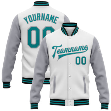 Custom White Teal Gray-Black Bomber Full-Snap Varsity Letterman Two Tone Jacket