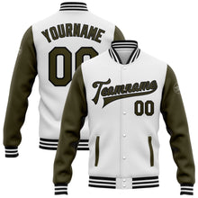 Load image into Gallery viewer, Custom White Olive-Black Bomber Full-Snap Varsity Letterman Two Tone Jacket
