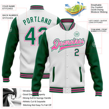 Load image into Gallery viewer, Custom White Kelly Green-Pink Bomber Full-Snap Varsity Letterman Two Tone Jacket
