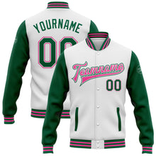 Load image into Gallery viewer, Custom White Kelly Green-Pink Bomber Full-Snap Varsity Letterman Two Tone Jacket
