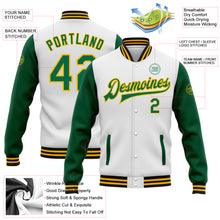 Load image into Gallery viewer, Custom White Kelly Green Gold-Black Bomber Full-Snap Varsity Letterman Two Tone Jacket
