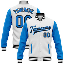 Load image into Gallery viewer, Custom White Electric Blue-Black Bomber Full-Snap Varsity Letterman Two Tone Jacket
