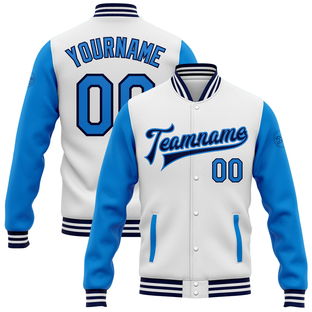 Custom White Electric Blue-Navy Bomber Full-Snap Varsity Letterman Two Tone Jacket