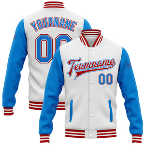 Custom White Electric Blue-Red Bomber Full-Snap Varsity Letterman Two Tone Jacket