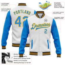 Load image into Gallery viewer, Custom White Electric Blue Gold-Black Bomber Full-Snap Varsity Letterman Two Tone Jacket
