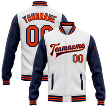 Load image into Gallery viewer, Custom White Orange-Navy Bomber Full-Snap Varsity Letterman Two Tone Jacket
