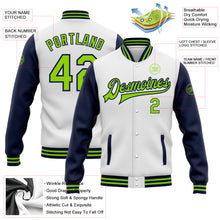 Load image into Gallery viewer, Custom White Neon Green-Navy Bomber Full-Snap Varsity Letterman Two Tone Jacket
