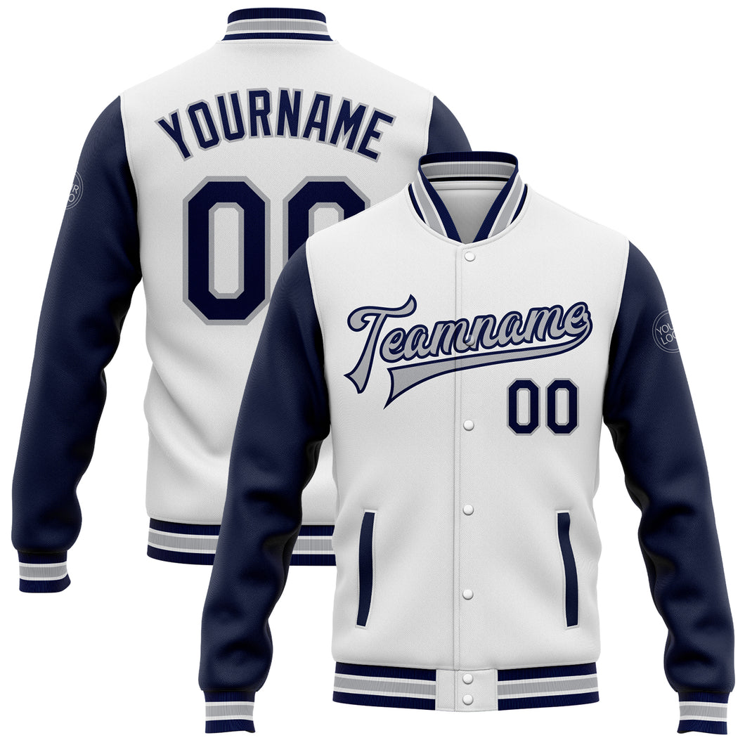 Custom White Navy-Gray Bomber Full-Snap Varsity Letterman Two Tone Jacket