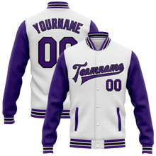 Load image into Gallery viewer, Custom White Purple-Black Bomber Full-Snap Varsity Letterman Two Tone Jacket
